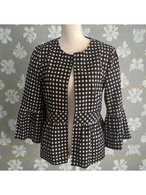 NANETTE LEPORE Black White Gingham Plaid Peplum Blazer Jacket Size 14